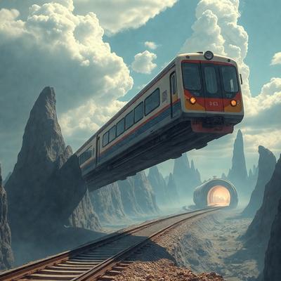 The primary subject of the image is a train, which is flying through the air. The setting is a rocky landscape, with mountains and a tunnel visible in the background. The visual style is a combination of digital art and illustration, creating a surreal and fantastical atmosphere. The dominant colors are dark and moody, with the train and the surrounding environment predominantly featuring shades of gray, black, and brown.